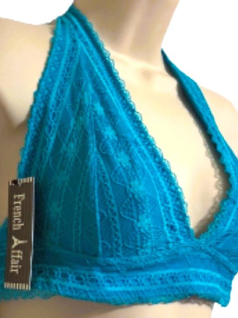 FRENCH AFFAIR Blue Bird Lace Overlay Teal Blue Bralette Women's Small and Large